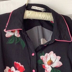 Alice + Olivia Black Blouse with Pink Floral Accents